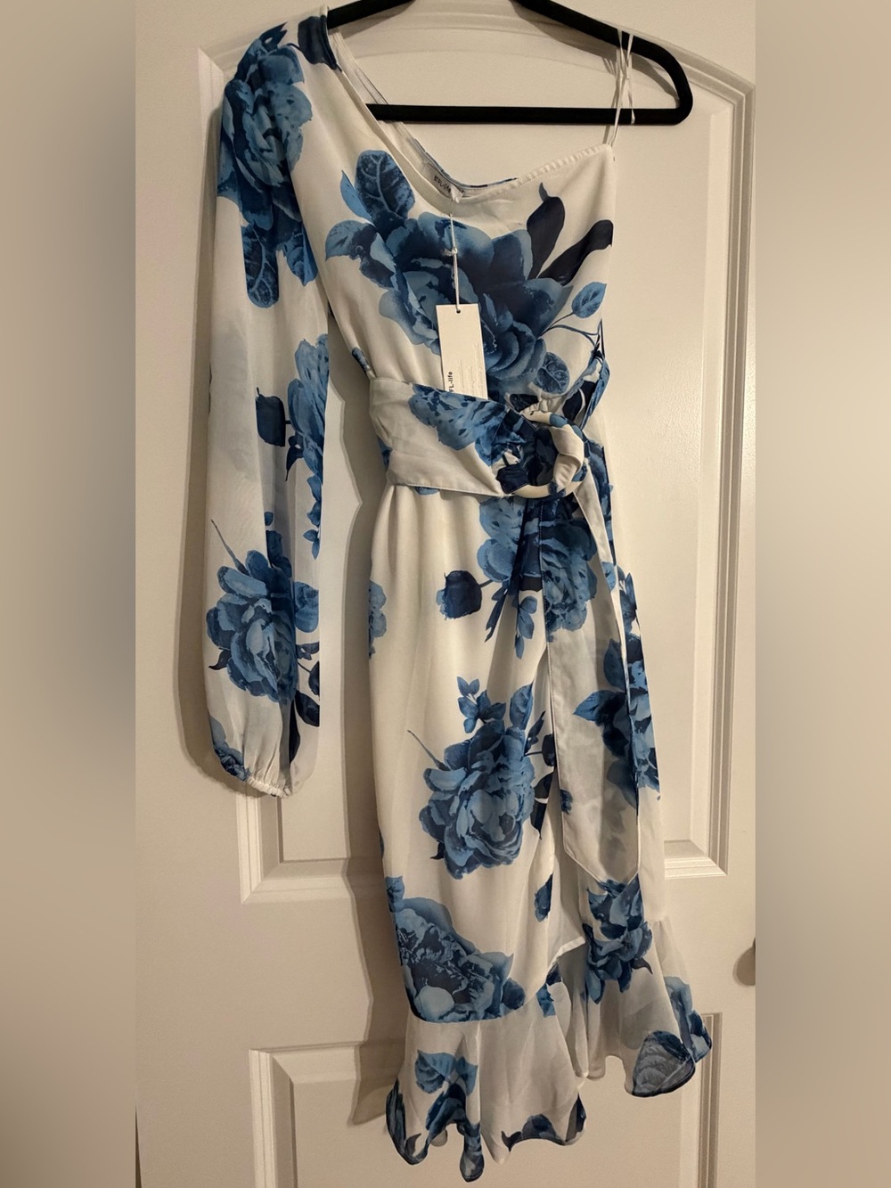 Floral Tie-Waist One Long Sleeve Dress in Blue and White
